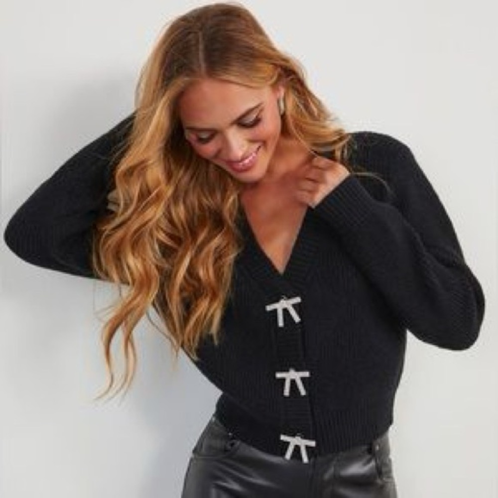 Vici Black Knit V-Neck Sweater with Silver Bow Accents